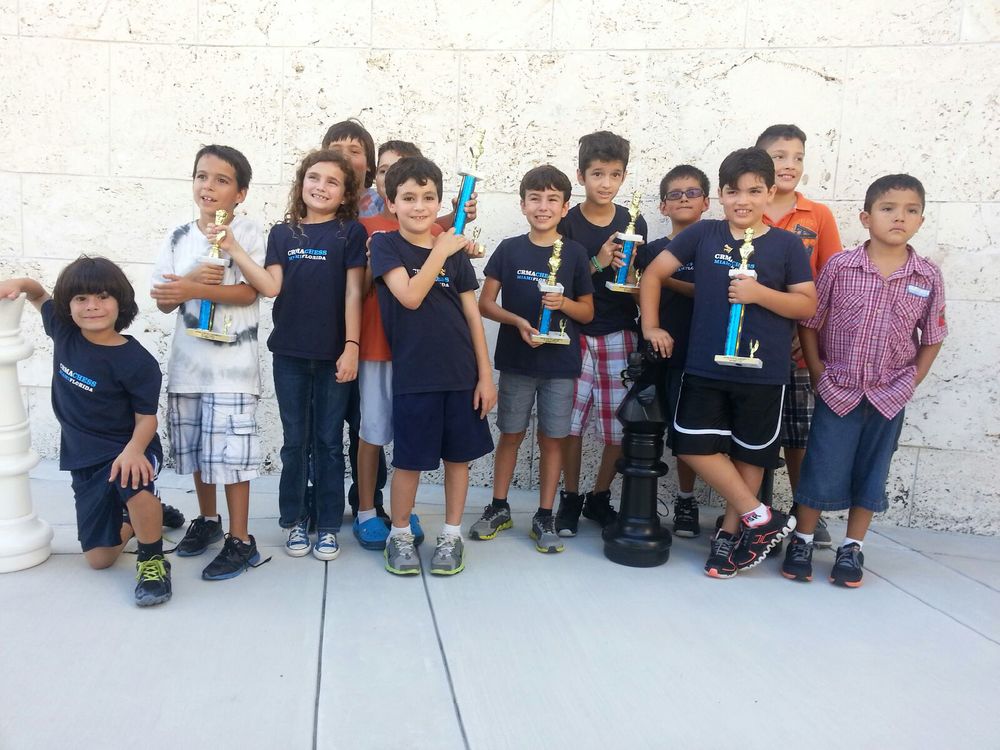 School chess team displaying tournament trophies